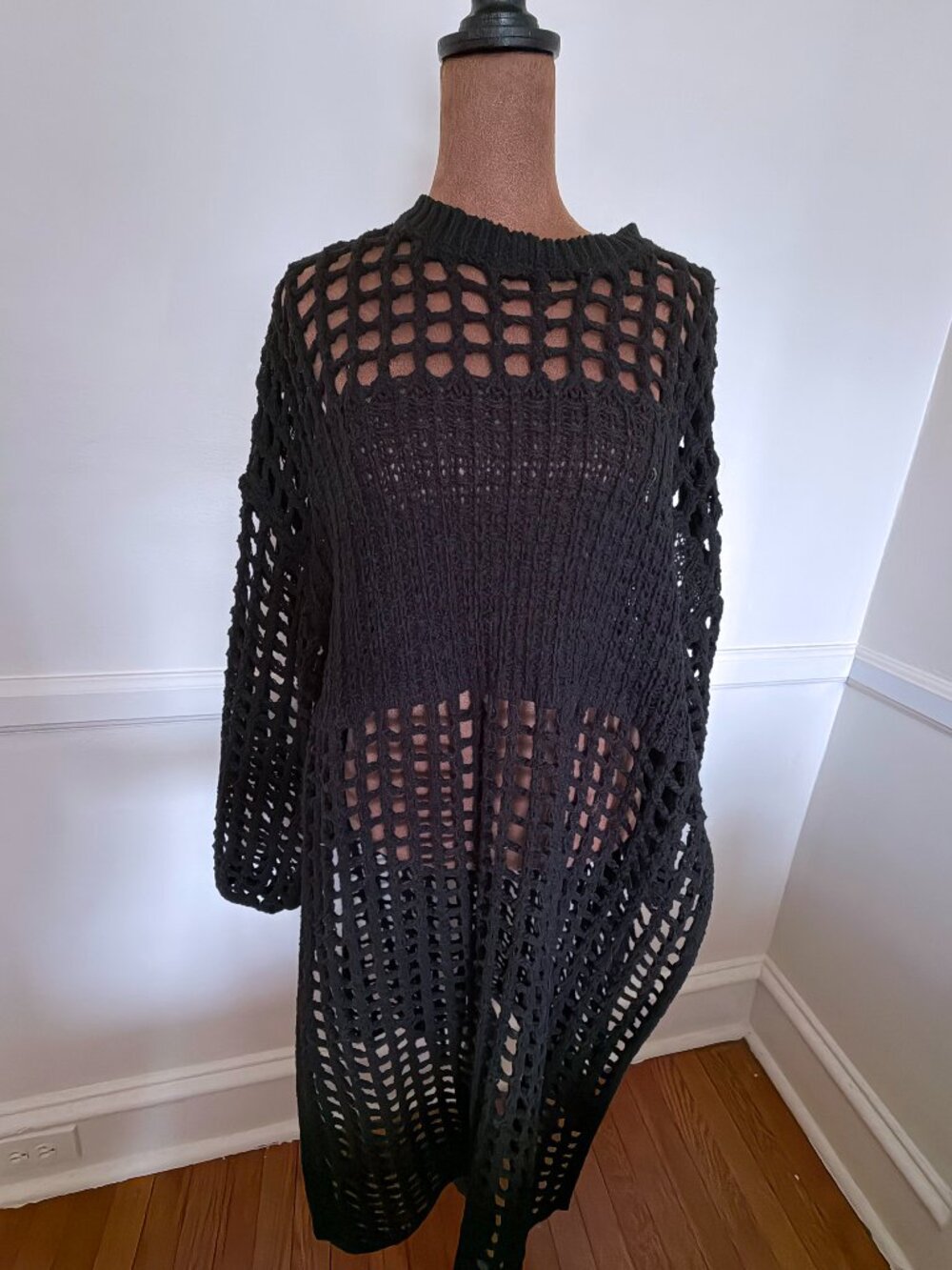 Kate Hewko Black Crochet Layering Sweater Dress One Size Open Knit